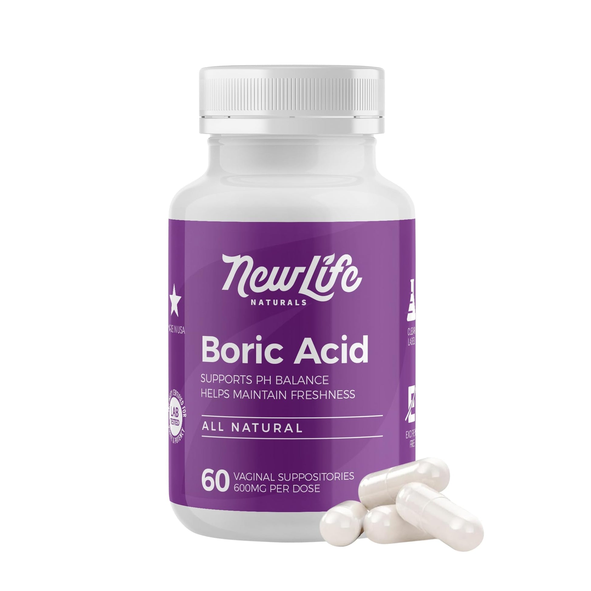 NewLife Naturals - Medical Grade Boric Acid Vaginal Suppositories - 600mg - 100% Pure Womens pH Balance Pills - Yeast Infection, BV - 60 Capsules: Made in USA - Maple Wellness Supplements
