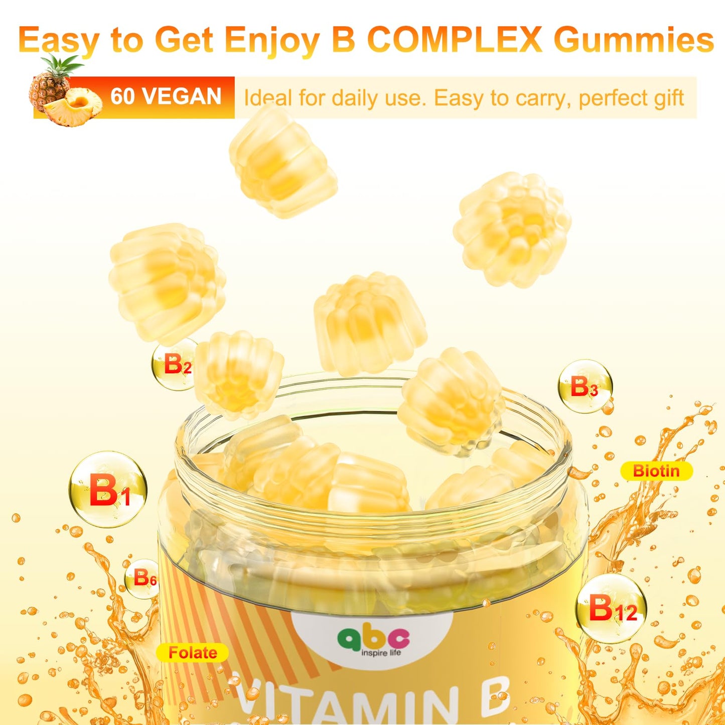 NEWOLITE Vitamin B Complex Gummies for Adult Kid-Pineapple Flavor-Chewable Supplement with 8 Essential B Vitamins - Maple Wellness Supplements
