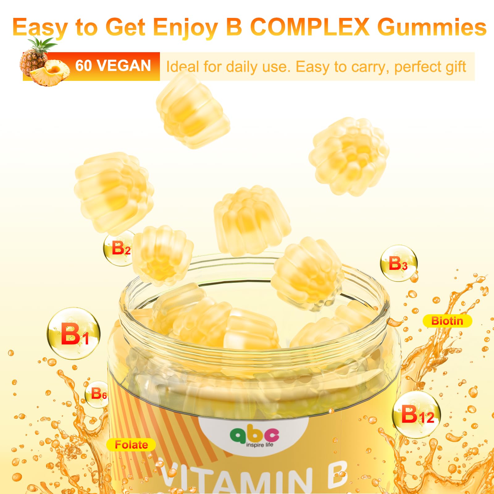 NEWOLITE Vitamin B Complex Gummies for Adult Kid-Pineapple Flavor-Chewable Supplement with 8 Essential B Vitamins - Maple Wellness Supplements