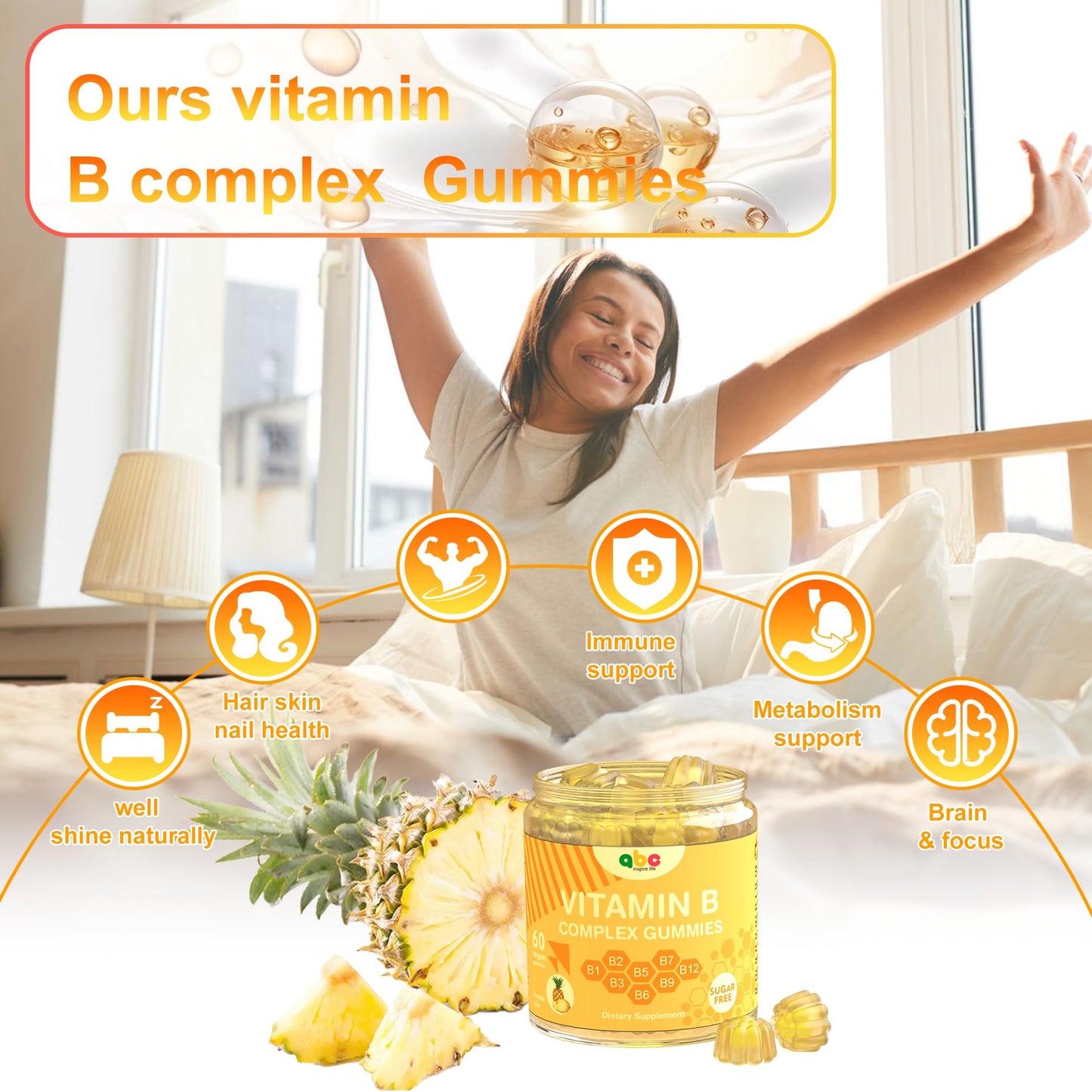 NEWOLITE Vitamin B Complex Gummies for Adult Kid-Pineapple Flavor-Chewable Supplement with 8 Essential B Vitamins - Maple Wellness Supplements