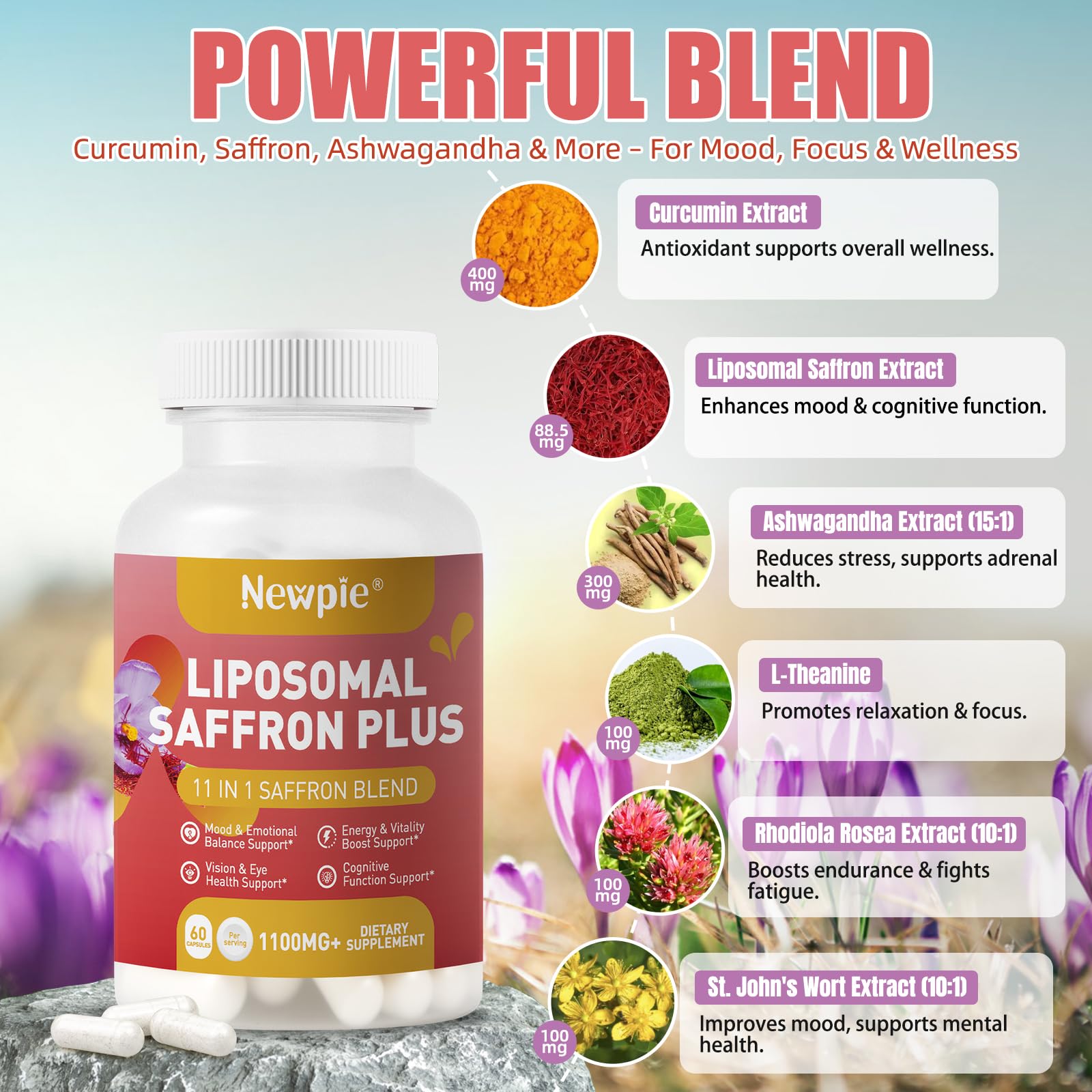 Newpie Saffron Supplements - 100% Pure Saffron Extract Capsules - Natural Mood Enhancer, Supports Eye & Heart Health, Boosts Energy - Premium Supplement for Women & Men（60 Servings (2) - Maple Wellness Supplements