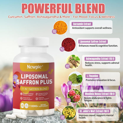 Newpie Saffron Supplements - 100% Pure Saffron Extract Capsules - Natural Mood Enhancer, Supports Eye & Heart Health, Boosts Energy - Premium Supplement for Women & Men（60 Servings (2) - Maple Wellness Supplements