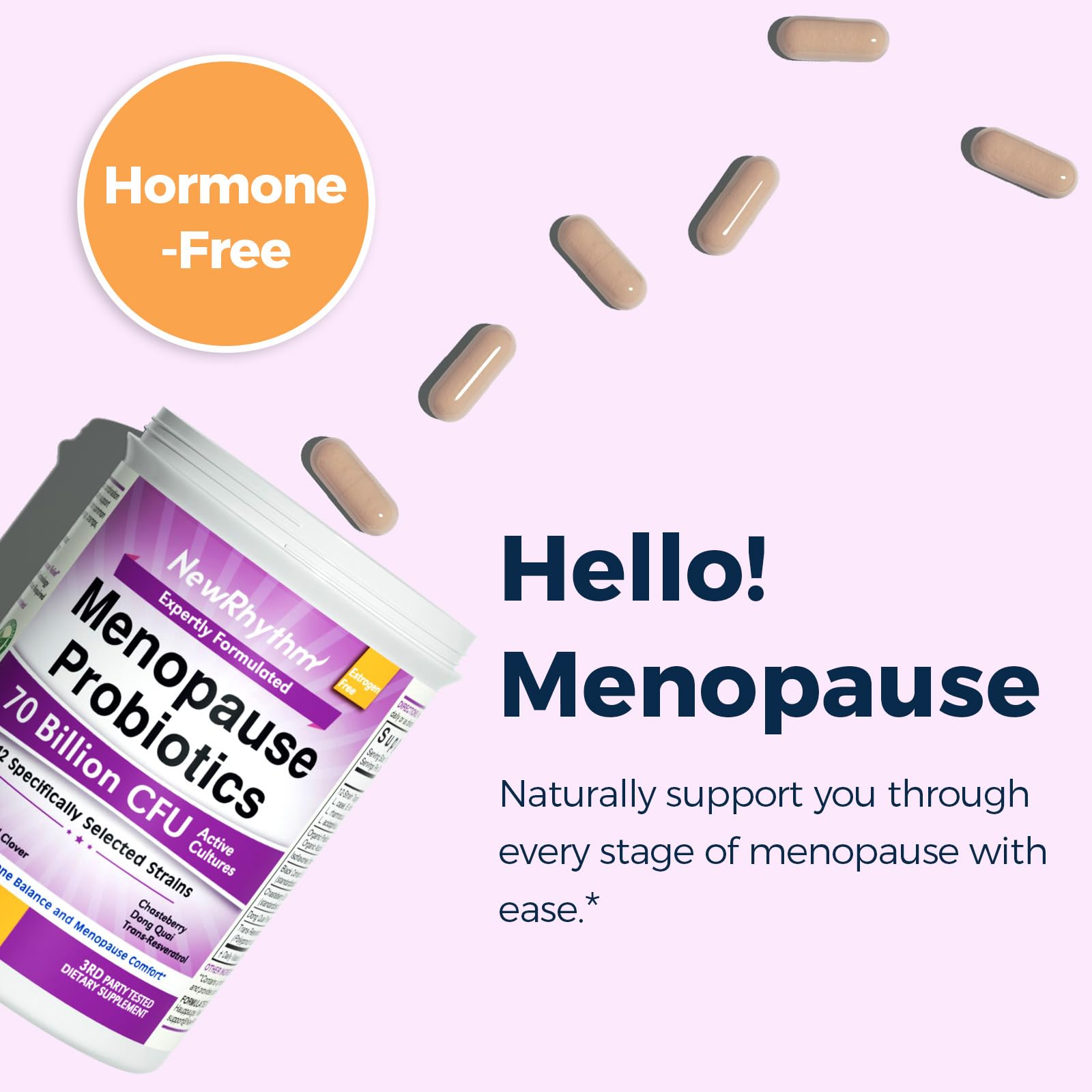NewRhythm Menopause Probiotics for Women, 7-in-1 Relief, Prebiotics, Black Cohosh Trans-Resveratrol Chasteberry Red Clover Dong Quai, Hot Flashes Night Sweats, No Soy, No Estrogen, 30 Ct - Maple Wellness Supplements