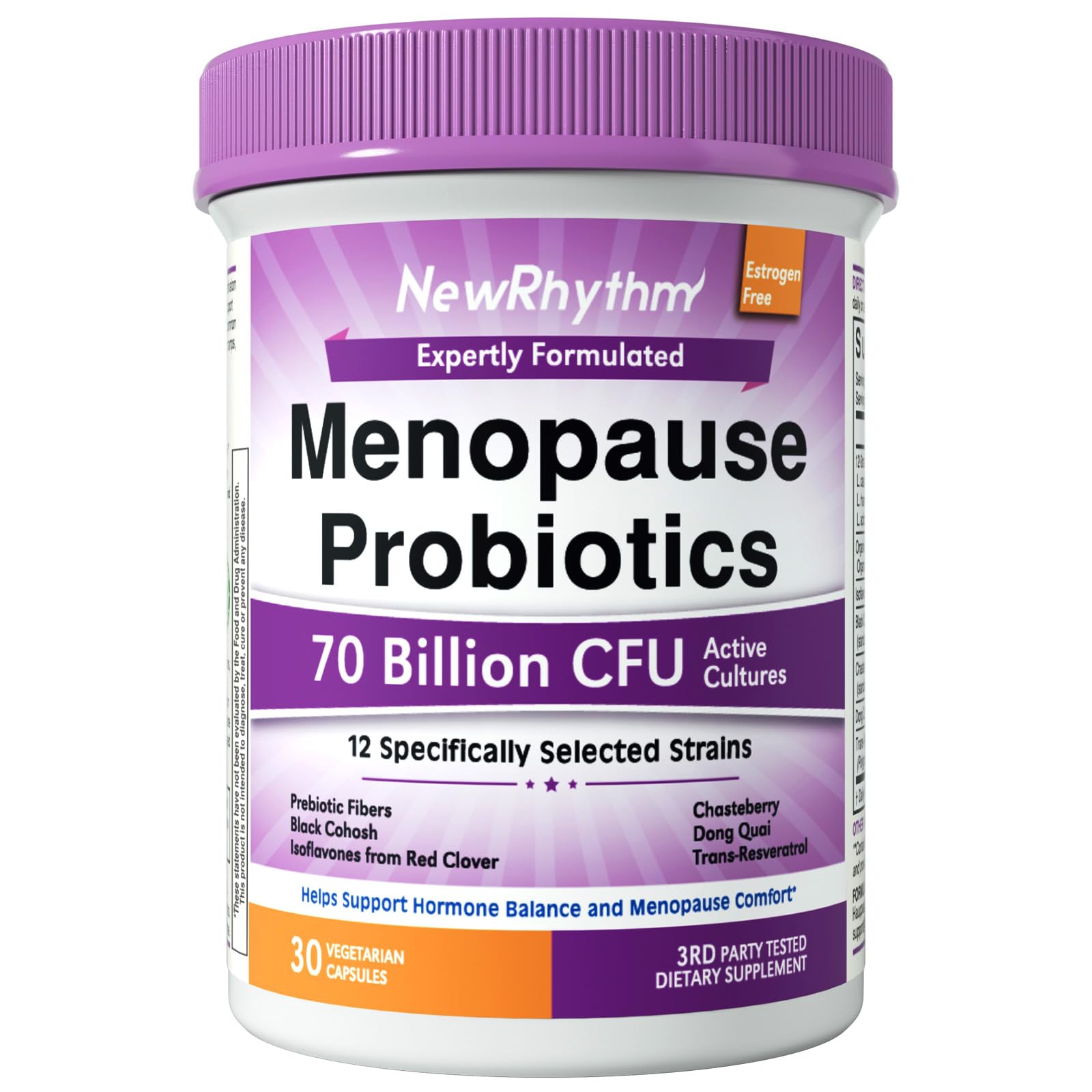 NewRhythm Menopause Probiotics for Women, 7-in-1 Relief, Prebiotics, Black Cohosh Trans-Resveratrol Chasteberry Red Clover Dong Quai, Hot Flashes Night Sweats, No Soy, No Estrogen, 30 Ct - Maple Wellness Supplements