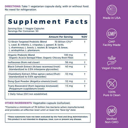 NewRhythm Menopause Probiotics for Women, 7-in-1 Relief, Prebiotics, Black Cohosh Trans-Resveratrol Chasteberry Red Clover Dong Quai, Hot Flashes Night Sweats, No Soy, No Estrogen, 30 Ct - Maple Wellness Supplements