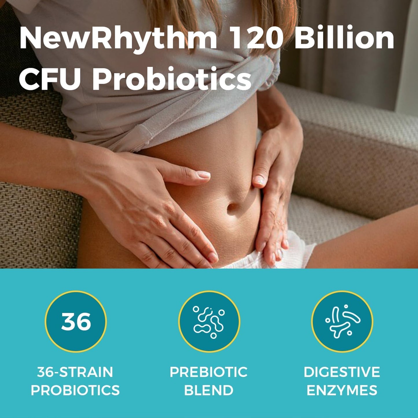 NewRhythm Probiotics 120 Billion CFU 36 Strains, 3-in-1 Probiotics with Prebiotics & Enzymes, Probioticos for Women & Men, - Maple Wellness Supplements