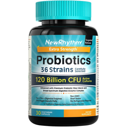 NewRhythm Probiotics 120 Billion CFU 36 Strains, 3-in-1 Probiotics with Prebiotics & Enzymes, Probioticos for Women & Men, - Maple Wellness Supplements