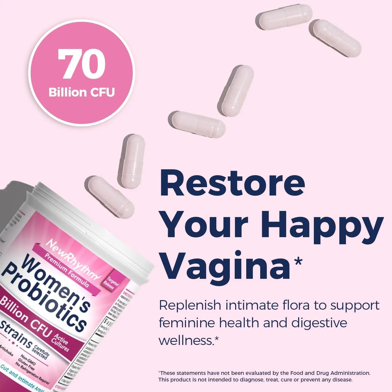 NewRhythm Women's Probiotics, Organic Prebiotics, 70 Billion CFU 10 Strains, Vaginal Probiotics for Urinary & Digestive Health, 30 Vegan Capsules, No Bloating - Maple Wellness Supplements