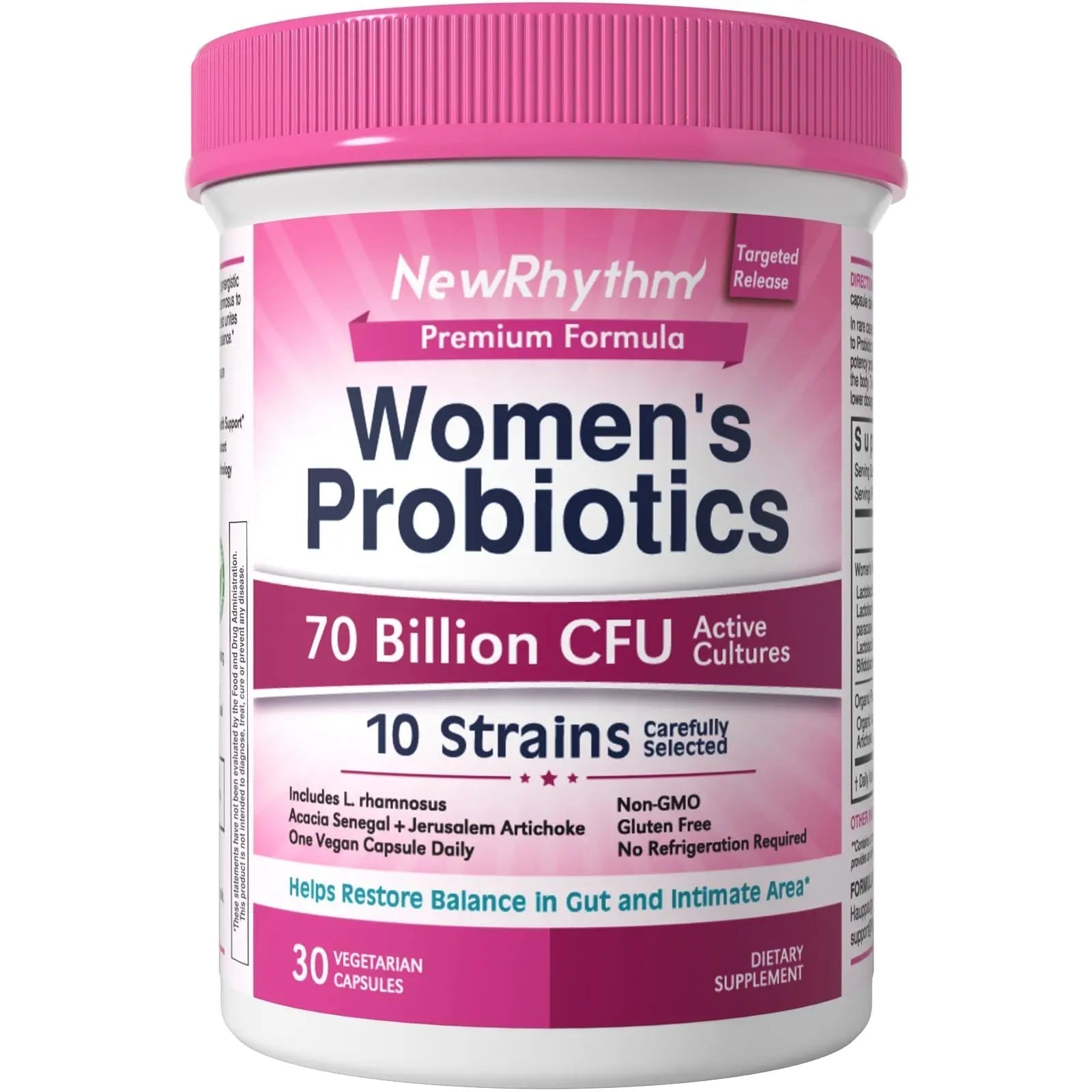 NewRhythm Women's Probiotics, Organic Prebiotics, 70 Billion CFU 10 Strains, Vaginal Probiotics for Urinary & Digestive Health, 30 Vegan Capsules, No Bloating - Maple Wellness Supplements