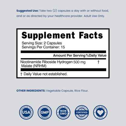 Nicotinamide Riboside 500mg (30 Count) NAD Supplement - NR Supplement For Women & Men to Support NAD+ Levels - NAD Booster - Third Party Tested - Vegan Safe, Non GMO & USA Made (30 Capsules) - Maple Wellness Supplements