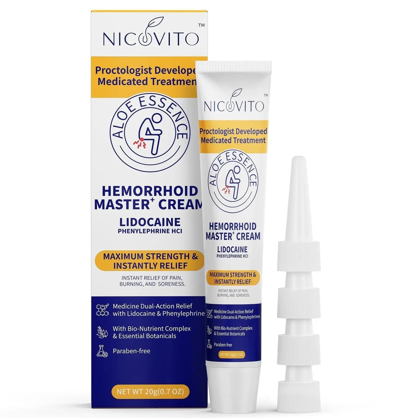NICOVITO Hemorrhoid & Fissure Treatment Cream, 4% Lidocaine & Phenylephrine HCl Ointment, Maximum Strength Fast Relief for Pain, Itching & Swelling, External Use (0.7 oz) - Maple Wellness Supplements