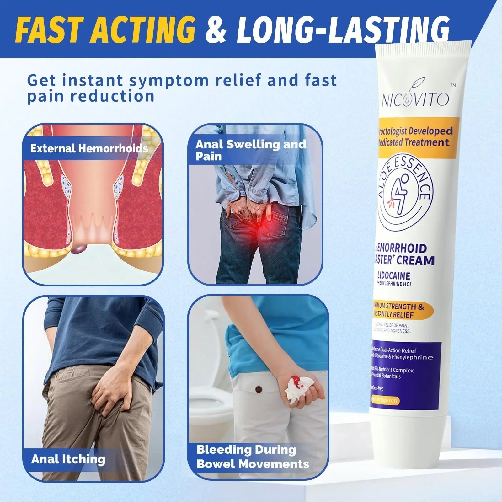 NICOVITO Hemorrhoid & Fissure Treatment Cream, 4% Lidocaine & Phenylephrine HCl Ointment, Maximum Strength Fast Relief for Pain, Itching & Swelling, External Use (0.7 oz) - Maple Wellness Supplements