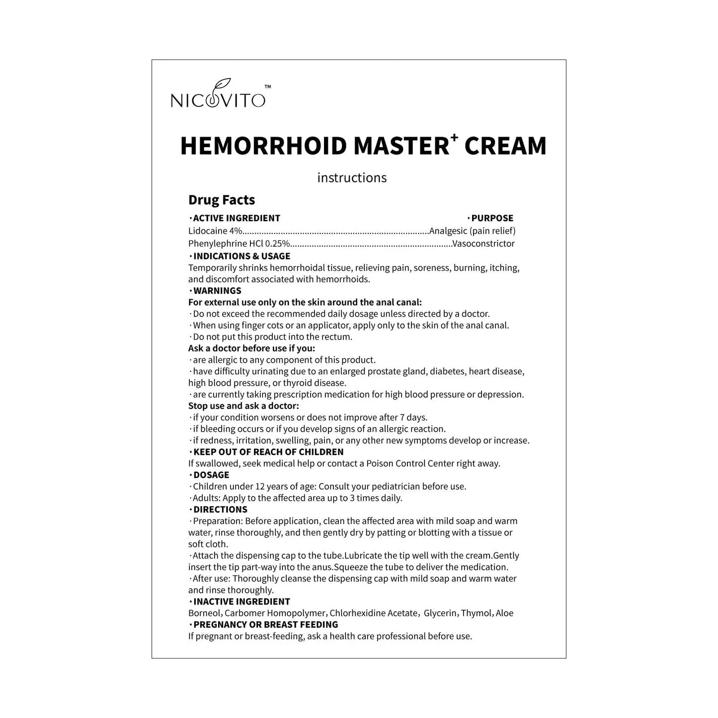 NICOVITO Hemorrhoid & Fissure Treatment Cream, 4% Lidocaine & Phenylephrine HCl Ointment, Maximum Strength Fast Relief for Pain, Itching & Swelling, External Use (0.7 oz) - Maple Wellness Supplements