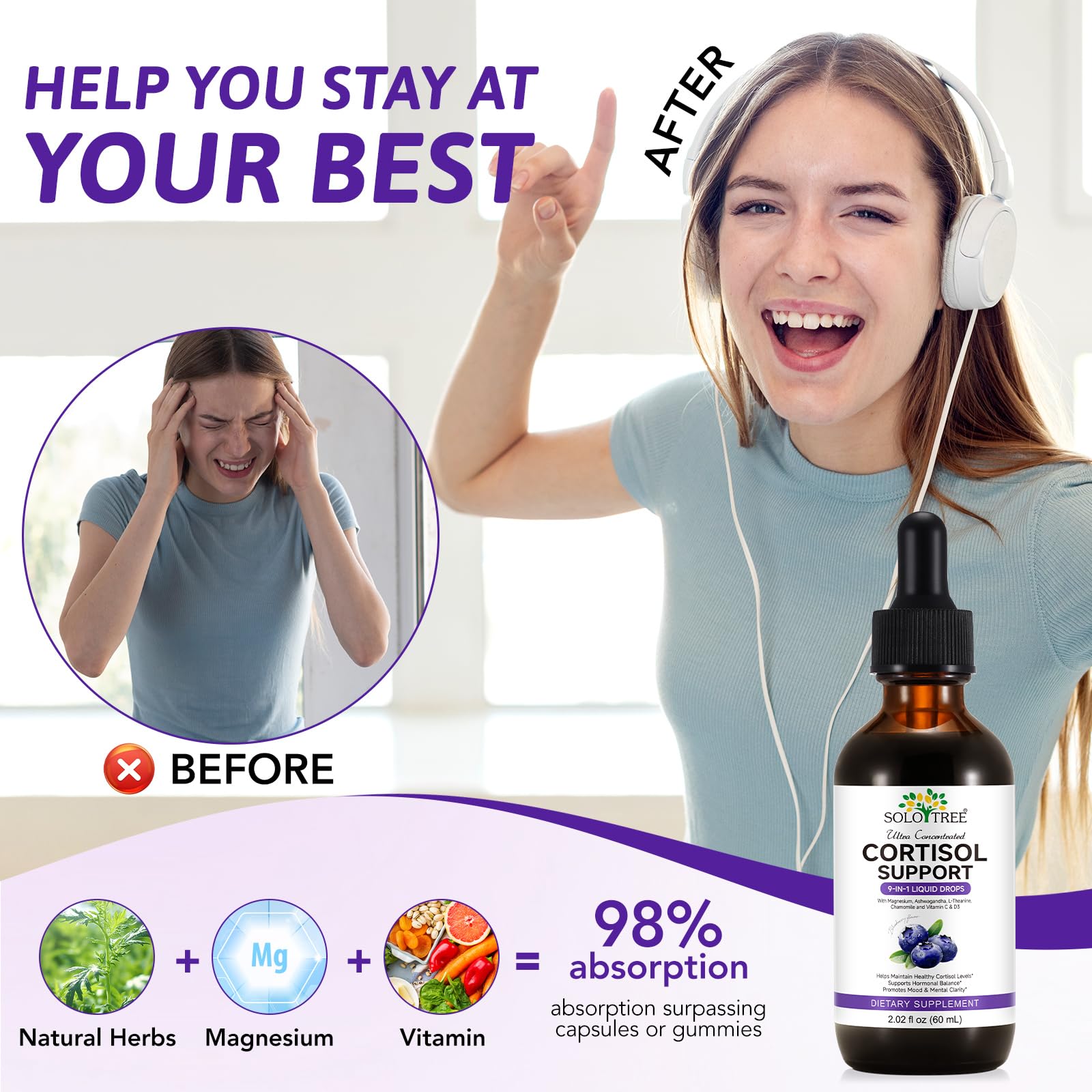 NIFEISHI Cortisol Reducer & Manager Liquid Drops for Women & Men | Cortisol Supplements with Ashwagandha & Magnesium | 9-in-1 Stress & Mood Support, Blueberry Flavor-2.02 floz - Maple Wellness Supplements