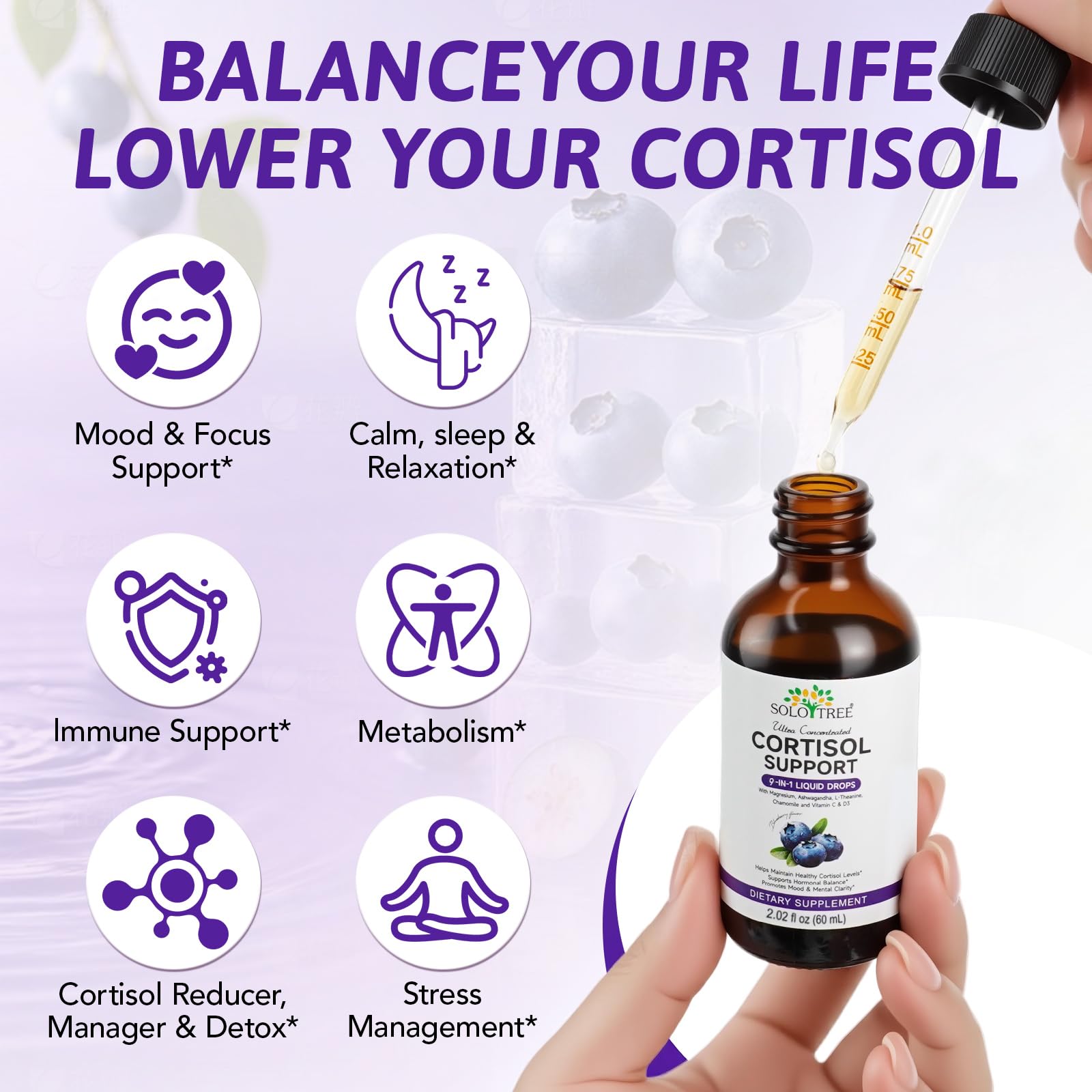 NIFEISHI Cortisol Reducer & Manager Liquid Drops for Women & Men | Cortisol Supplements with Ashwagandha & Magnesium | 9-in-1 Stress & Mood Support, Blueberry Flavor-2.02 floz - Maple Wellness Supplements