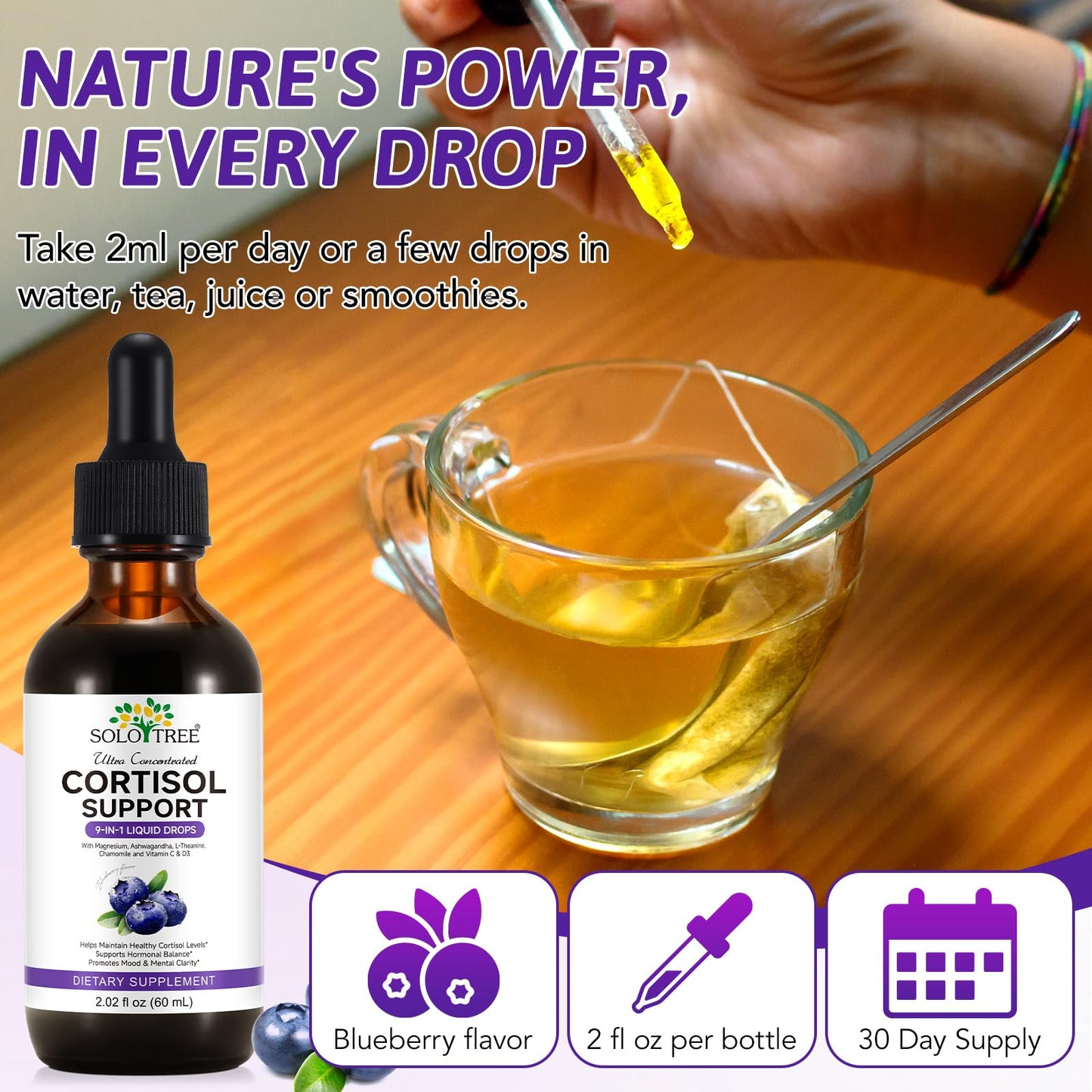 NIFEISHI Cortisol Reducer & Manager Liquid Drops for Women & Men | Cortisol Supplements with Ashwagandha & Magnesium | 9-in-1 Stress & Mood Support, Blueberry Flavor-2.02 floz - Maple Wellness Supplements