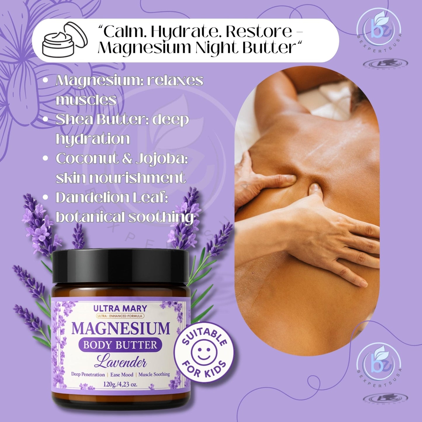 Nighttime Magnesium Cream for Pain, Nerve & Leg Cramps - Magnesium Body Butter for Sleep with Shea Butter, Jojoba Oil, Coconut Extract & Dandelion - Lavender Magnesium Lotion for Kids - 4.23oz - Maple Wellness Supplements