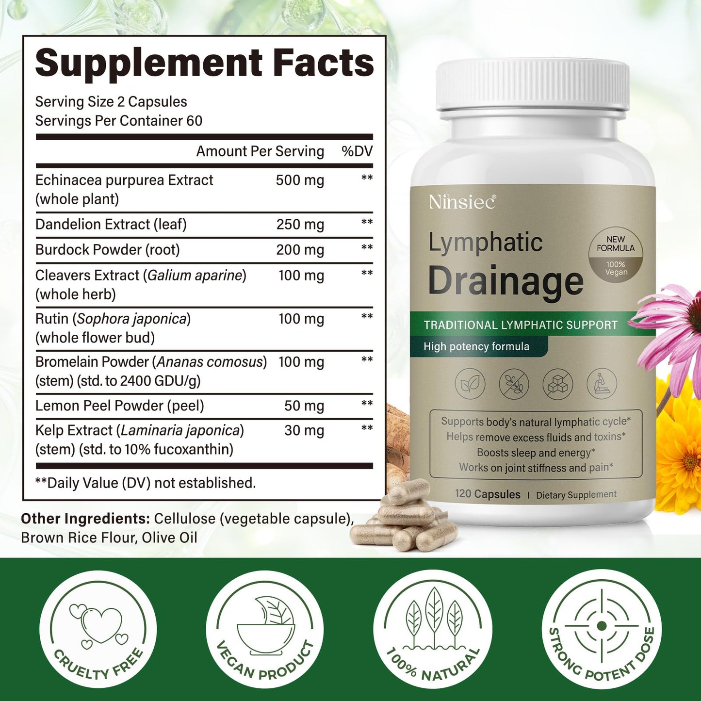 Ninsiec Lymphatic Drainage Supplements - Lymphatic Drainage Capsules for Immune Health,Supports Bloating & Daily Lymphatic Wellness, with Echinacea, Dandelion, and Burdock (120 Capsules) - Maple Wellness Supplements