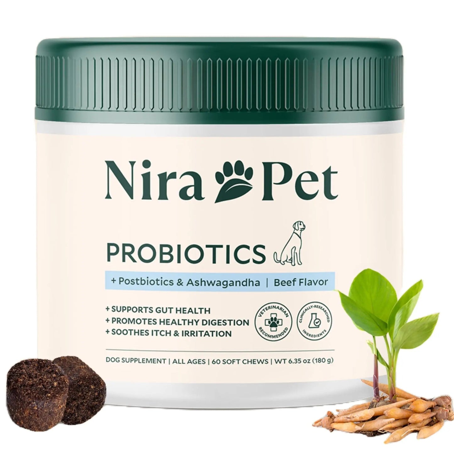 Nira Pet Probiotics for Dogs – 60 Beef-Flavored Chews with Postbiotics, Colostrum, Ashwagandha & Lactobacillus – Supports Gut Health, Immunity, Diarrhea, Gas & Stress - Maple Wellness Supplements