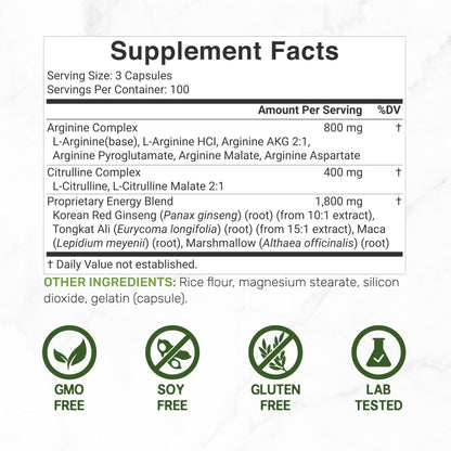 Nitric Oxide Supplement 3,000mg, 300 Capsules | 12-in-1 Complex for Men & Women – Arginine, Citrulline, Korean Red Ginseng, - Maple Wellness Supplements