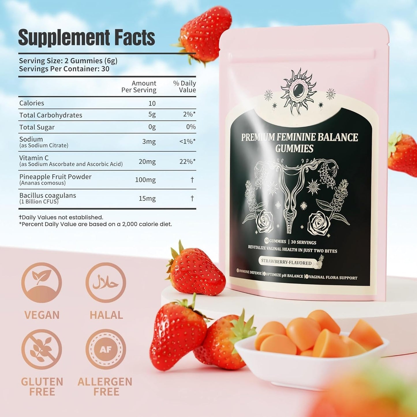 NIUSISE Feminine Balance Gummies, Premium Balance Supplement for Women PH Health, Immune Support, Energy Support, Vegan, Gluten-Free, Strawberry Flavor, - Maple Wellness Supplements