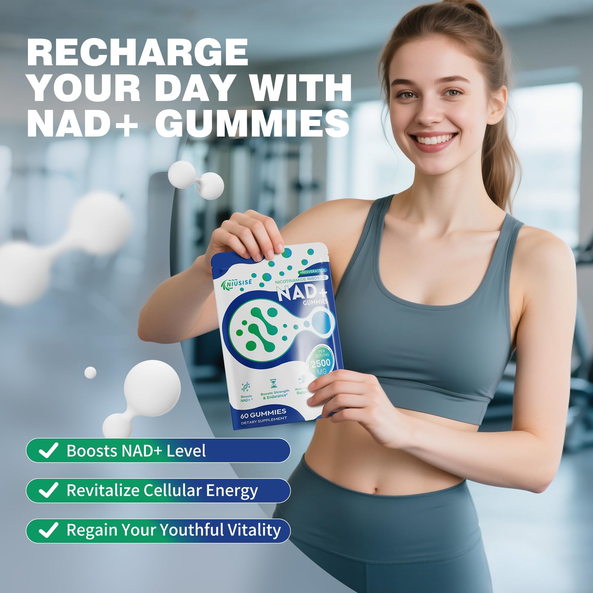 NIUSISE NAD Gummies Sugar Free, NAD+ Supplement with Liposomal Nicotinamide Riboside, Resveratrol, Quercetin, NAD Supplement for Anti-Aging, Energy, Cellular Health, Blueberry Flavor, 60 Gummies - Maple Wellness Supplements