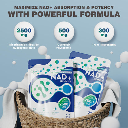 NIUSISE NAD Gummies Sugar Free, NAD+ Supplement with Liposomal Nicotinamide Riboside, Resveratrol, Quercetin, NAD Supplement for Anti-Aging, Energy, Cellular Health, Blueberry Flavor, 60 Gummies - Maple Wellness Supplements