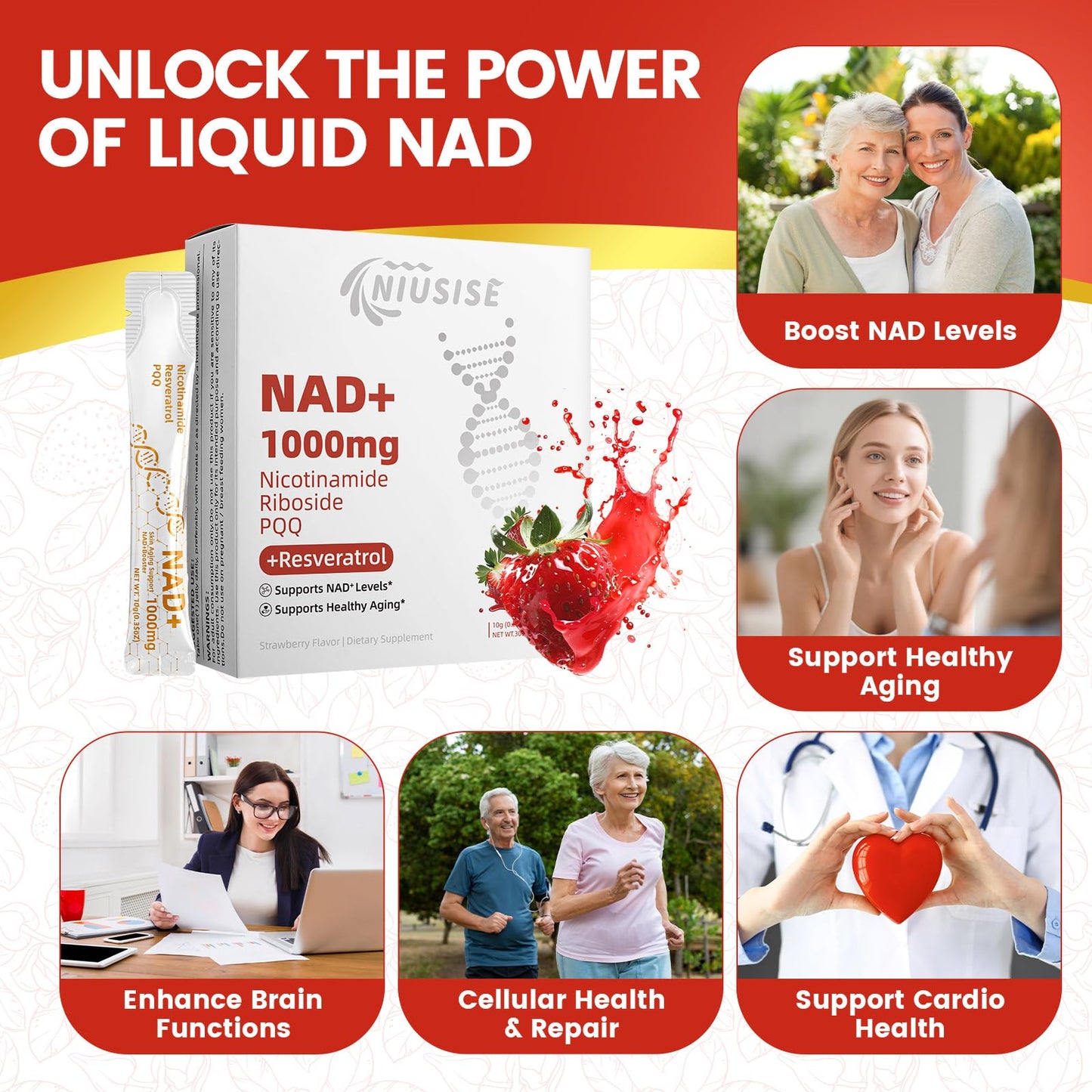 NIUSISE NAD Supplement, NAD+ Liquid, 1000mg Enhanced Formula with PQQ, Nicotinamide Riboside & Resveratrol, Advanced Anti-Aging Support for Men & Women, Sustained Energy, Vitality Boost (30 Packets) - Maple Wellness Supplements