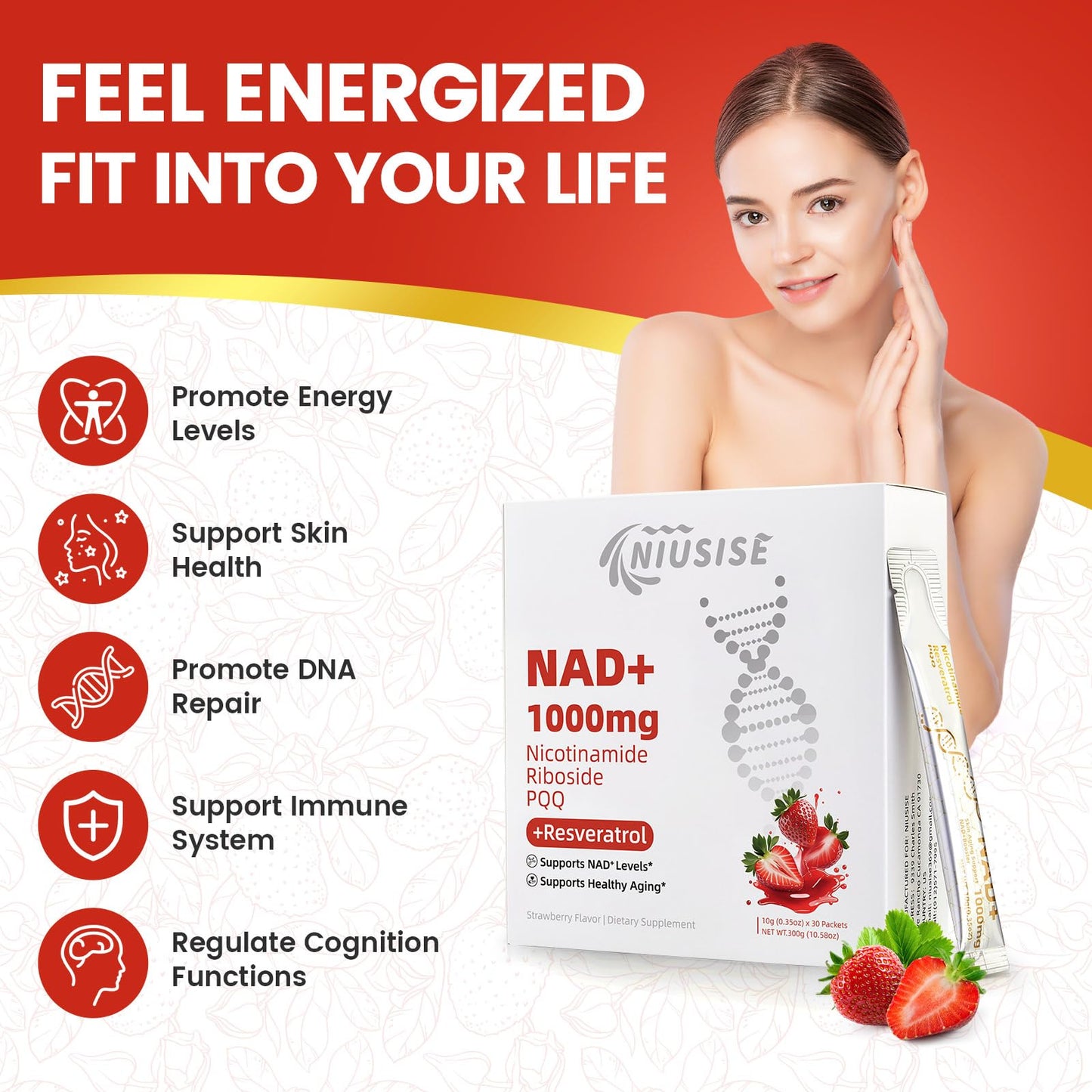 NIUSISE NAD Supplement, NAD+ Liquid, 1000mg Enhanced Formula with PQQ, Nicotinamide Riboside & Resveratrol, Advanced Anti-Aging Support for Men & Women, Sustained Energy, Vitality Boost (30 Packets) - Maple Wellness Supplements