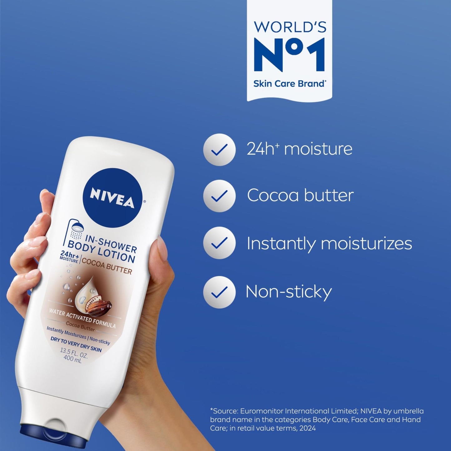 NIVEA Cocoa Butter In Shower Lotion, Water Activated In Shower Moisturizer for Dry Skin to Very Dry Skin, 13.5 FL OZ Bottle - Maple Wellness Supplements