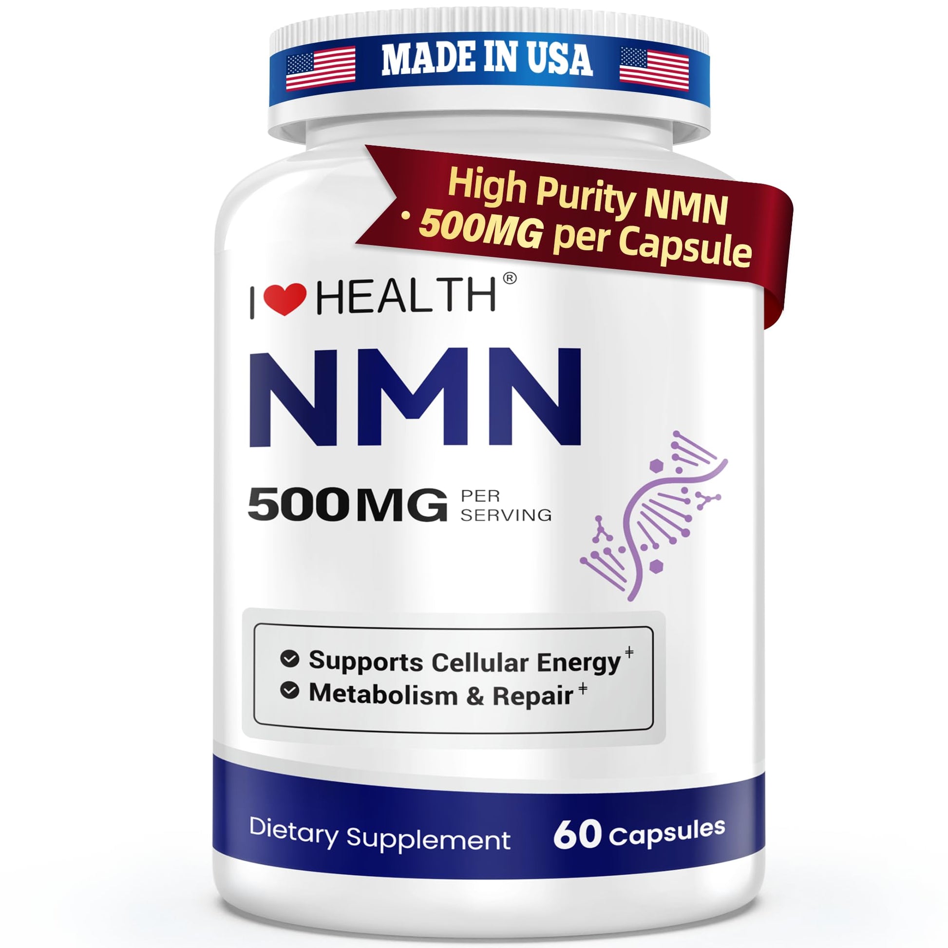 NMN 500MG Per Capsule – High Purity 99.9% NMN, NAD+ Support for Cellular Energy & Healthy Aging, 60 Capsules, Third-Party Tested, cGMP Made in USA - Maple Wellness Supplements