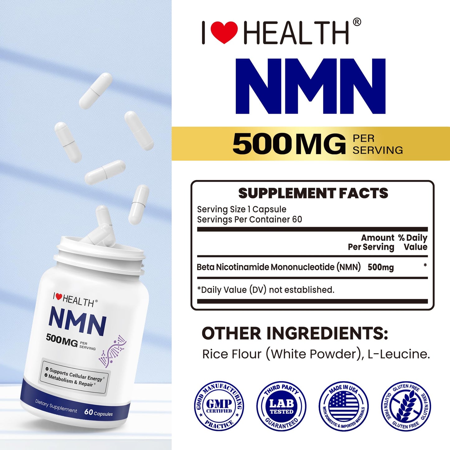 NMN 500MG Per Capsule – High Purity 99.9% NMN, NAD+ Support for Cellular Energy & Healthy Aging, 60 Capsules, Third-Party Tested, cGMP Made in USA - Maple Wellness Supplements