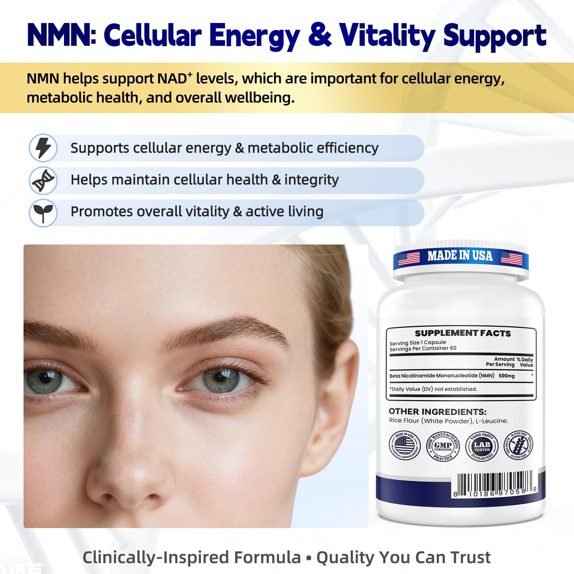 NMN 500MG Per Capsule – High Purity 99.9% NMN, NAD+ Support for Cellular Energy & Healthy Aging, 60 Capsules, Third-Party Tested, cGMP Made in USA - Maple Wellness Supplements