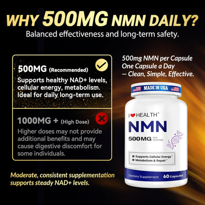 NMN 500MG Per Capsule – High Purity 99.9% NMN, NAD+ Support for Cellular Energy & Healthy Aging, 60 Capsules, Third-Party Tested, cGMP Made in USA - Maple Wellness Supplements