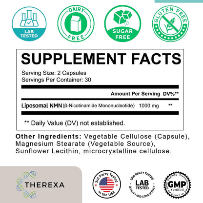 NMN Supplement 1000mg Pure - Liposomal NMN for NAD+ Supplement, Tested in USA, 60 Capsules - Maple Wellness Supplements