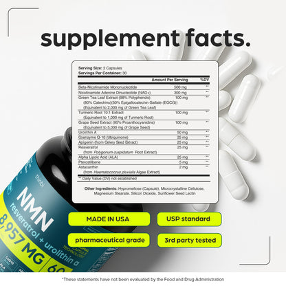 NMN Supplement 8957mg with Real NAD+ Not Just a Booster | Urolithin A, Resveratrol, CoQ10, Alpha Lipoic Acid, Green Tea Extract | Cellular Longevity & Energy Support for Men & Women - Maple Wellness Supplements
