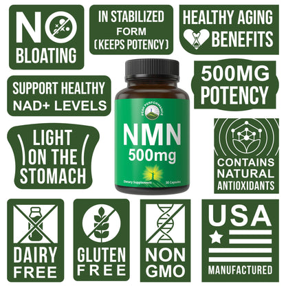 NMN Supplement Ultra High Strength Stabilized Nicotinamide Mononucleotide 500mg Per Capsule. 2 Capsules = 1,000mg of NMN. Boost NAD Levels. Healthy Aging NAD+ Supplements for Men and Women - Maple Wellness Supplements
