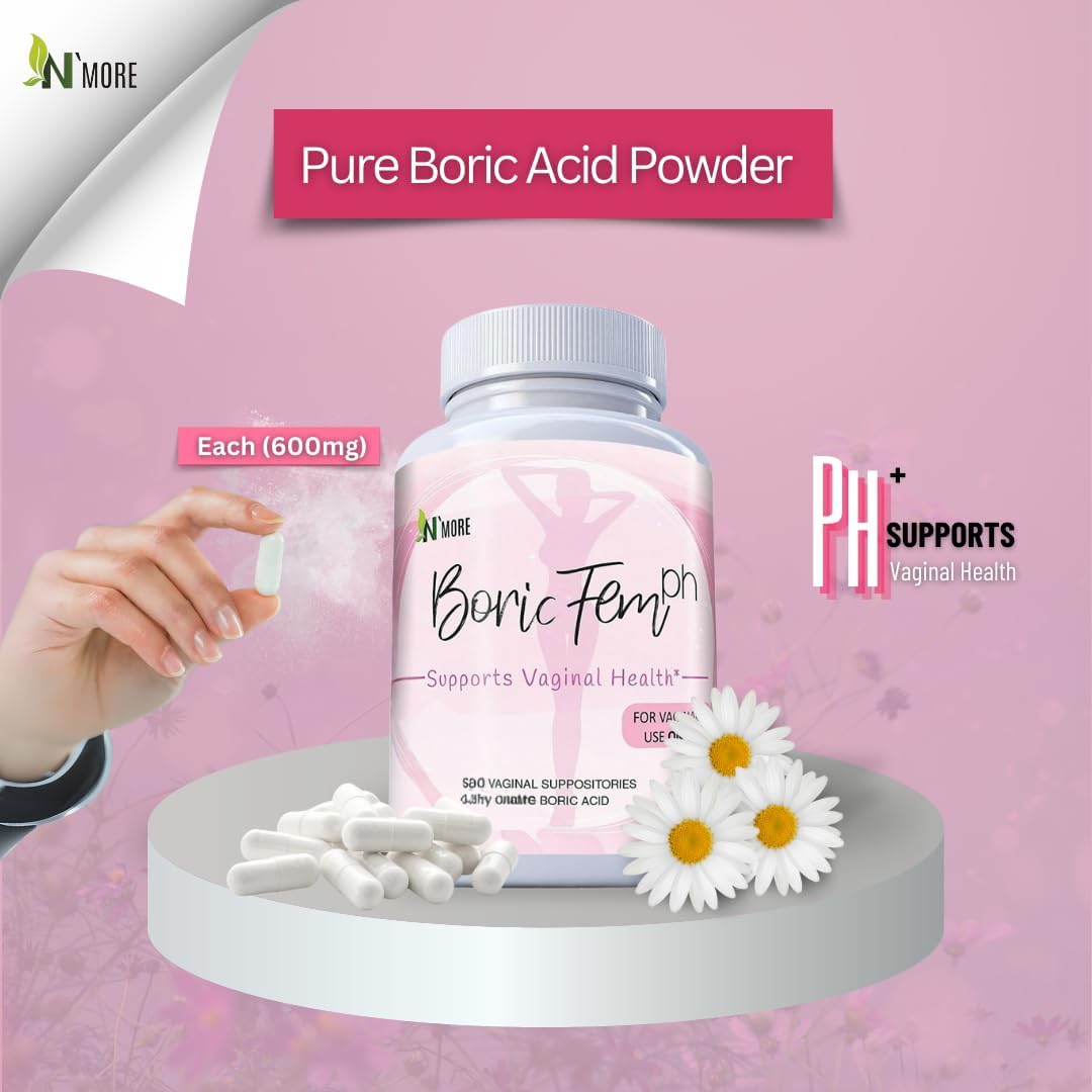 N'More Boric Acid Vaginal Suppositories- 100% Pure - Made in USA- Boricfem Vaginal Health Supplement- 30 Servings (Pack of 1) - Maple Wellness Supplements