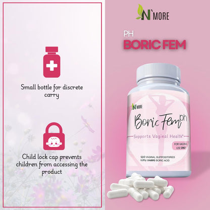 N'More Boric Acid Vaginal Suppositories- 100% Pure - Made in USA- Boricfem Vaginal Health Supplement- 30 Servings (Pack of 1) - Maple Wellness Supplements