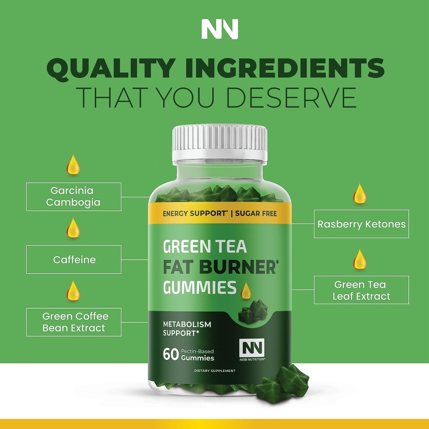 Nobi Nutrition Green Tea Fat Burner Gummies for Weight Loss | Metabolism Boost - Maple Wellness Supplements