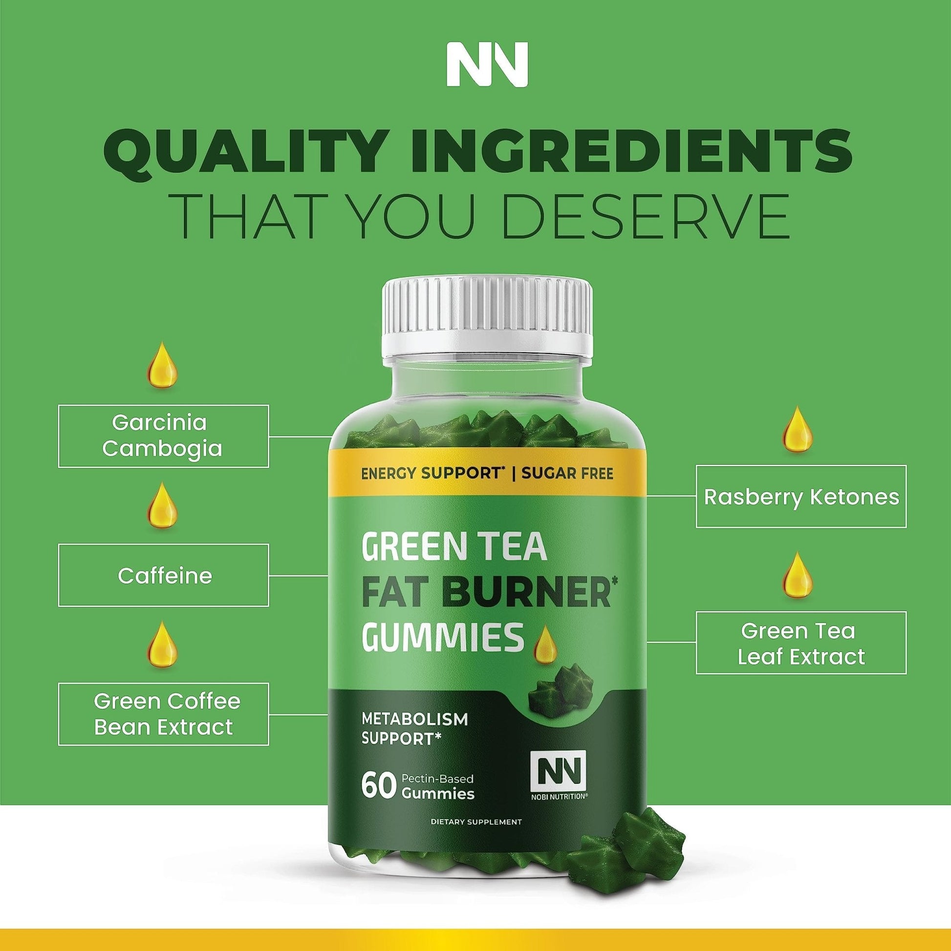 Nobi Nutrition Green Tea Fat Burner Gummies for Weight Loss | Metabolism Boost - Maple Wellness Supplements