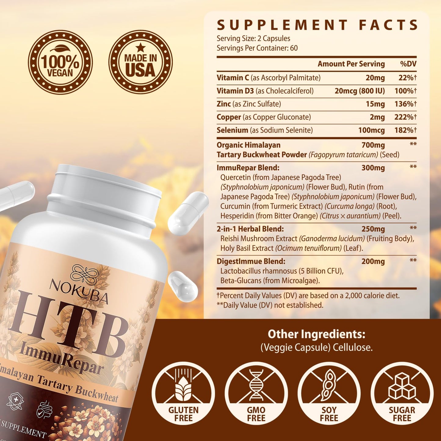 Nokuba Polyphenols Supplement for Immune Support | Himalayan Tartary Buckwheat Sourced | Polyphenol Superfood with Quercetin, Curcumin | Immune Booster, Antioxidant, Anti-inflammatory - 120 Capsules - Maple Wellness Supplements