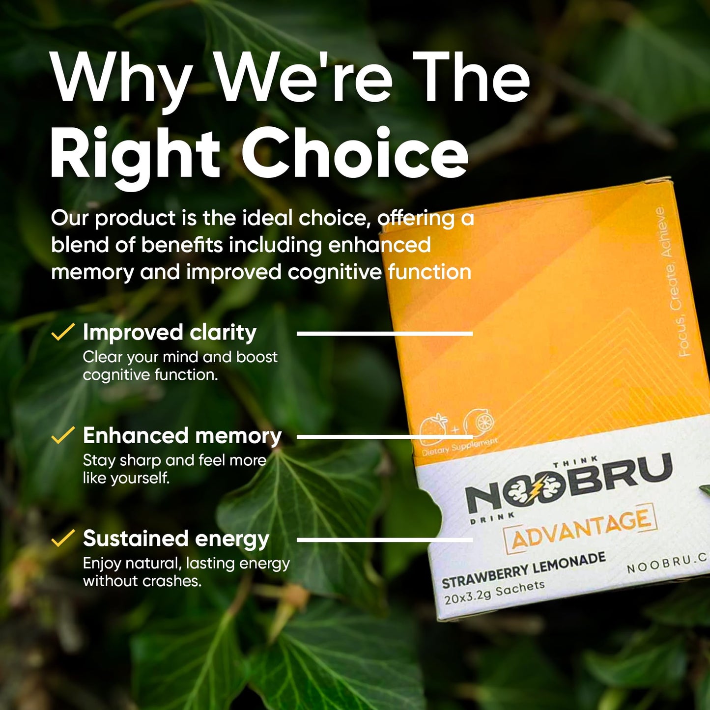 Noobru Аdvantage Nootropic - Delicious Nootropics Brain Supplement with 11 Active Ingredients - Natural Cognitive Enhancer - 20 Strawberry Lemonade Sachets - 1 Month Supply, 20 Count (Pack of 1) - Maple Wellness Supplements