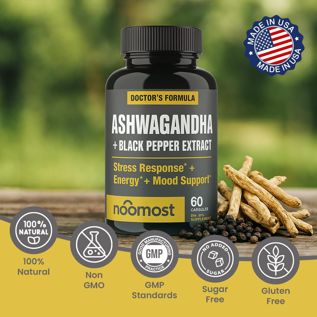 NooMost Organic Ashwagandha 400mg Capsules w/Black Pepper Extract as Vegan Ashwagandha Supplements for Anti Stress Relief, Natural Mood Support, Energy & Focus-60 Capsules - Maple Wellness Supplements