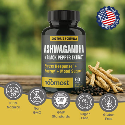 NooMost Organic Ashwagandha 400mg Capsules w/Black Pepper Extract as Vegan Ashwagandha Supplements for Anti Stress Relief, Natural Mood Support, Energy & Focus-60 Capsules - Maple Wellness Supplements