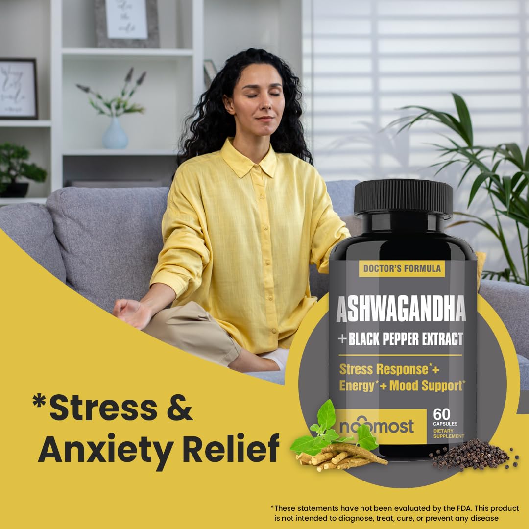 NooMost Organic Ashwagandha 400mg Capsules w/Black Pepper Extract as Vegan Ashwagandha Supplements for Anti Stress Relief, Natural Mood Support, Energy & Focus-60 Capsules - Maple Wellness Supplements