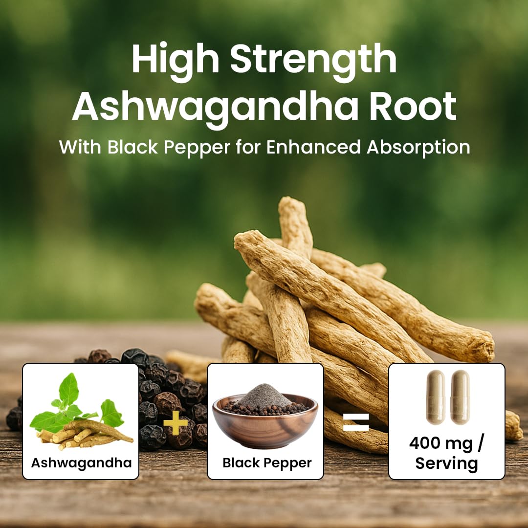 NooMost Organic Ashwagandha 400mg Capsules w/Black Pepper Extract as Vegan Ashwagandha Supplements for Anti Stress Relief, Natural Mood Support, Energy & Focus-60 Capsules - Maple Wellness Supplements