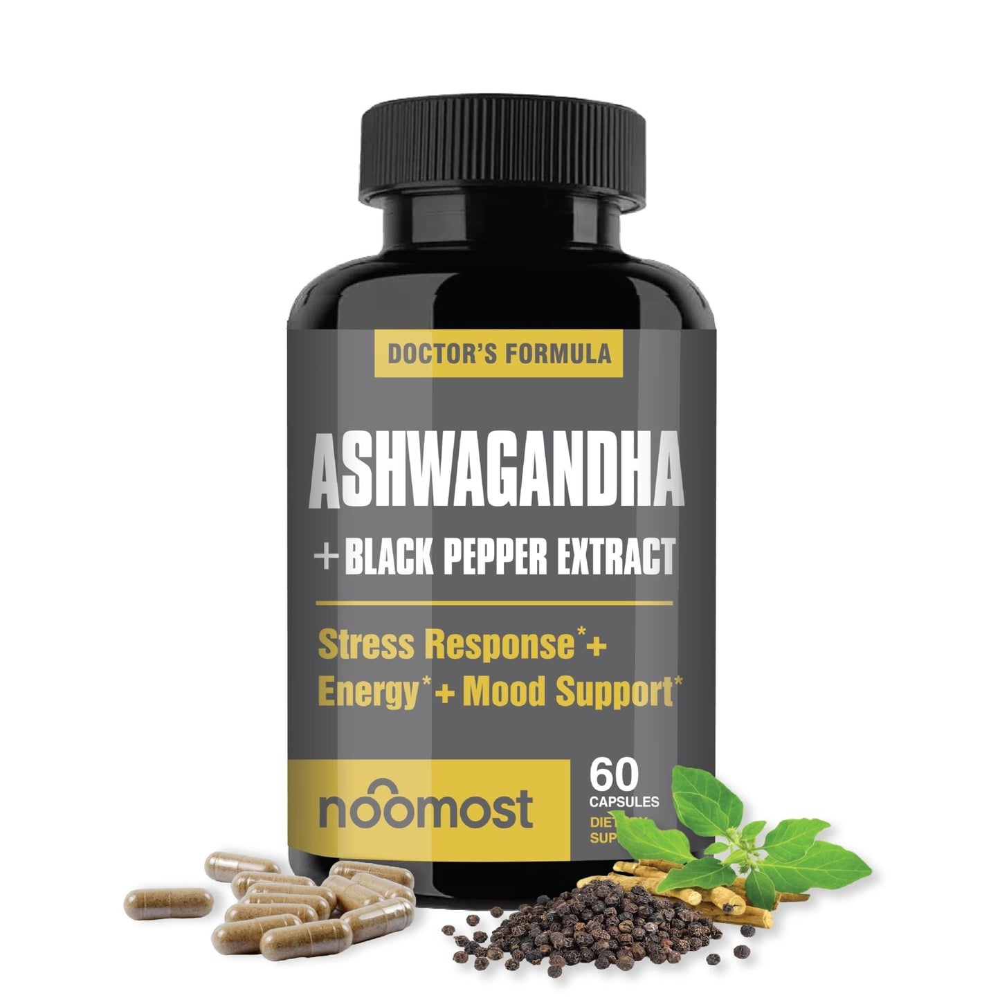 NooMost Organic Ashwagandha 400mg Capsules w/Black Pepper Extract as Vegan Ashwagandha Supplements for Anti Stress Relief, Natural Mood Support, Energy & Focus-60 Capsules - Maple Wellness Supplements