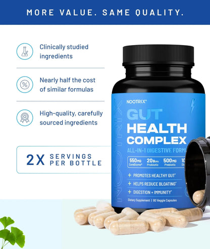 Nootrix Health Complex Supplement | Probiotics for Gut Health, Colon Cleanse & Bloating Relief | Promotes Healthy Digestion | Digestive Enzymes, Postbiotics & Prebiotics | 90 Capsules - Maple Wellness Supplements