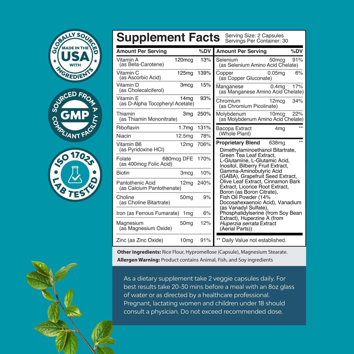 Nootropic Brain Supplement for Memory and Focus Enhancement - Vitamins for Mental Health & Clarity with VIT A, B6, Riboflavin, Niacin, Thiamin & Folate - Cognitive Complex for Mind Vitality - 60 Ct - Maple Wellness Supplements